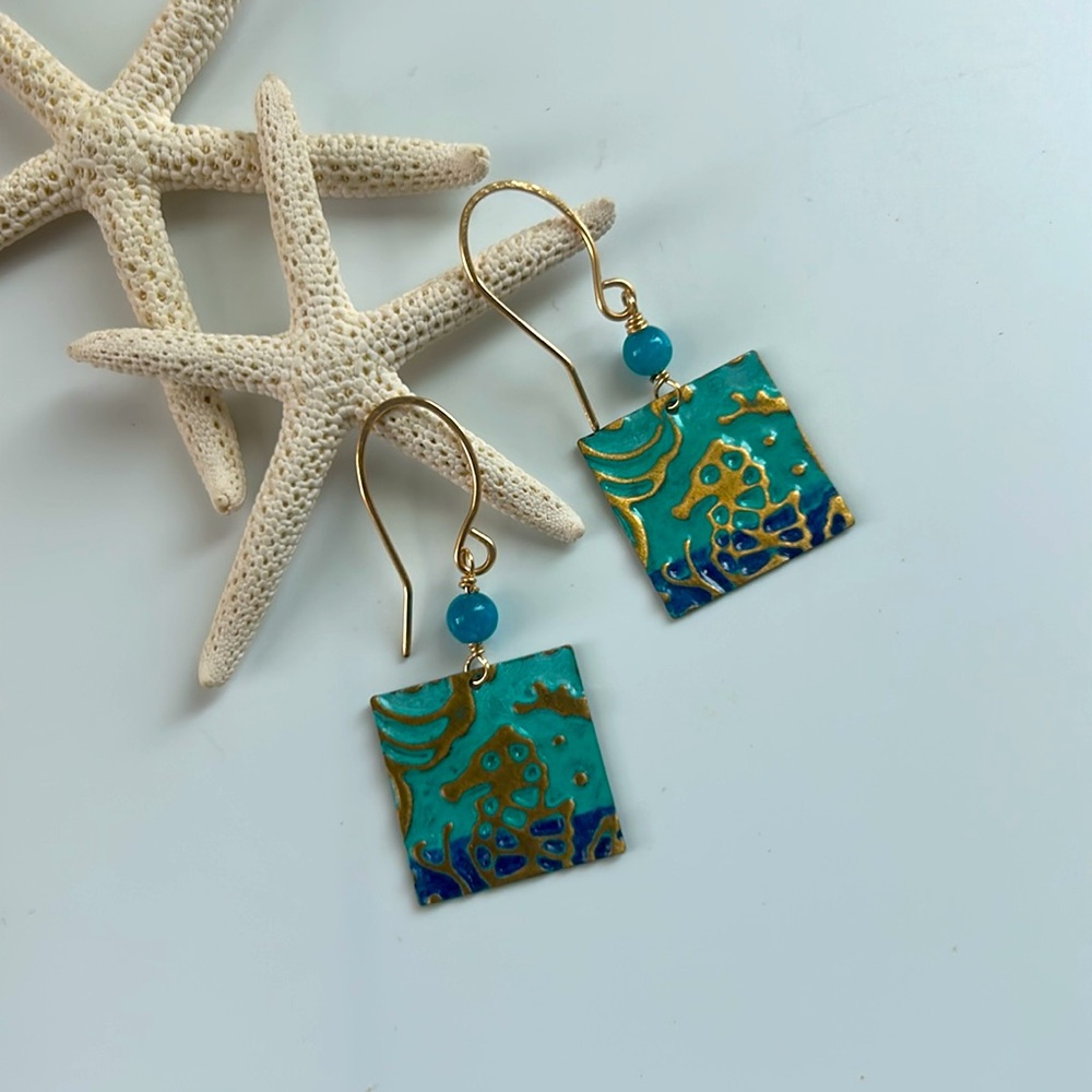 Under the Sea Seahorse Handpainted Dangle Earrings with Apatite Gemstones